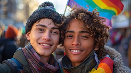 Two young men are smiling and holding rainbow flags
