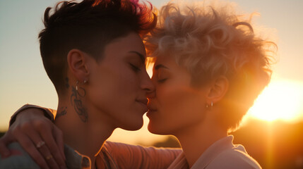 Two women kissing each other in the sun