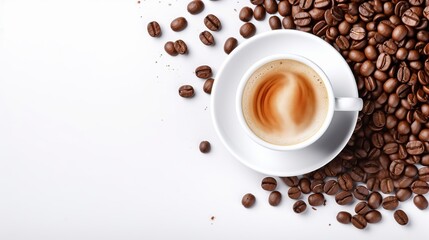 Top view of a freshly made cup of espresso surrounded by a multitude of coffee beans creating a textured backdrop