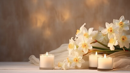 Fototapeta na wymiar An incredible atmosphere, daffodils and aromatic candles on a gentle background of pastel colors 