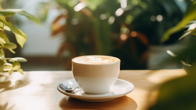 Evocative image of a warm cup of coffee among green foliage, bathed in sunlight