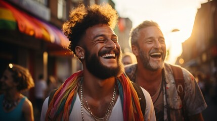 Happy gay couple laughing and walking in the city during pride parade