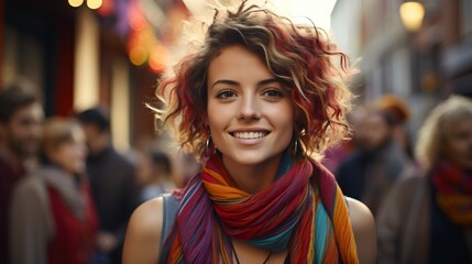 Portrait of a beautiful smiling woman with a colorful scarf
