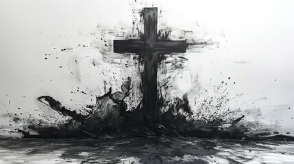 Charcoal sketch of bold black cross in abstract expressionism style. Concept of faith, Christianity, religious, Easter celebration, ash Wednesday, resurrection, cremation, funeral, liturgy. Art