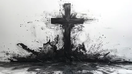 Foto op Plexiglas Charcoal sketch of bold black cross in abstract expressionism style. Concept of faith, Christianity, religious, Easter celebration, ash Wednesday, resurrection, cremation, funeral, liturgy. Art © Jafree