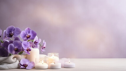 An incredible atmosphere, purple pansies
and aromatic candles on a gentle background of pastel...
