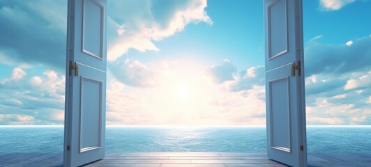 Open door leading out to a serene ocean. Concept of calmness, dreams, relaxation, freedom, adventure, journey, new beginnings, the unknown, mystery, exploration, and limitless possibilities.