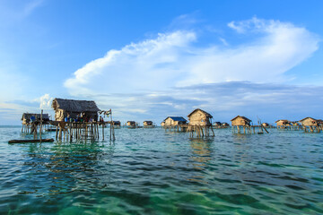 Beautiful landscapes view borneo sea gypsy water village in Bodgaya Mabul Island, Semporna Sabah,...