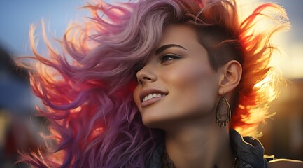 A woman with pink and purple hair is smiling and wearing earrings