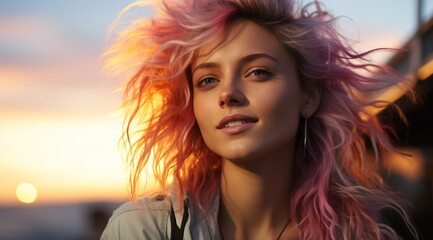A woman with pink hair is smiling at the camera