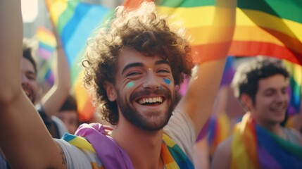 A young man with curly hair and beard is smiling while waving rainbow flags at the gay pride parade
