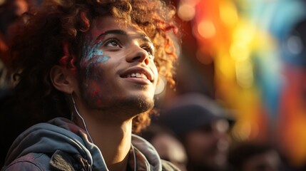 A young mixed race man with curly hair and face paint looks up at the sky