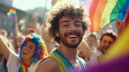 A young man with curly hair and a beard smiling in the crowd of a pride parade