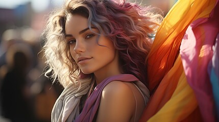 A woman with colorful hair is holding a colorful scarf