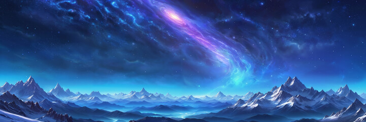 A night scene with a deep blue sky, which appears to be filled with stars. The landscape is also adorned with snow-capped mountains, adding a sense of beauty and tranquility to the scene.