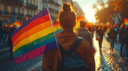 A woman holding a rainbow flag in a crowd of people