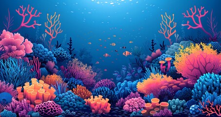 Fototapeta na wymiar Colorful underwater coral landscape. Vibrant coral reef in ocean waters. Artwork. Concept of marine life, underwater biodiversity, tropical ecosystem, and natural aquarium. Digital illustration. Art