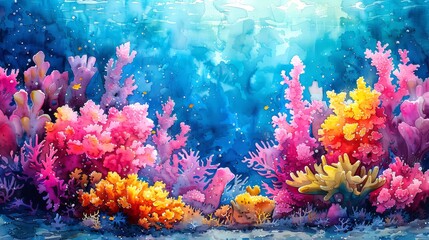 Fototapeta na wymiar Watercolor illustration of vivid coral reef in ocean waters. Colorful corals. Concept of marine life, underwater biodiversity, tropical ecosystem, and natural aquarium. Aquarelle art