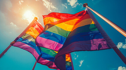 A rainbow flag is flying high in the sky