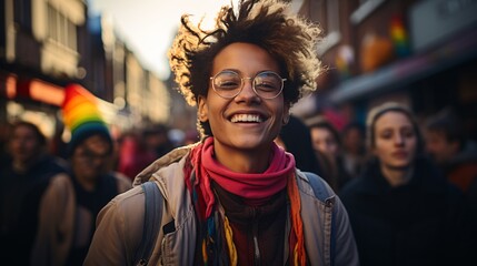 A photo of an attractive mixed race woman with wild hair and glasses smiling at the camera