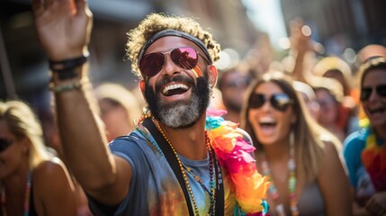A man with beard and sunglasses is dancing at the pride parade