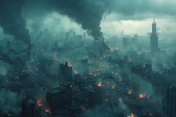 A city in ruins, with smoke and fire billowing from the buildings. The sky is dark and cloudy, creating an ominous atmosphere.