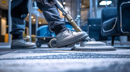 Professional cleaning crew vacuuming an office carpet. Detailed rug cleaning in a corporate setting. Concept of professional cleaning services, commercial maintenance, and workplace hygiene. - obrazy, fototapety, plakaty