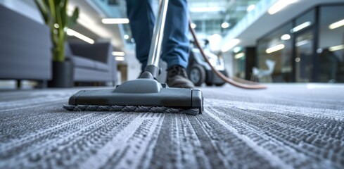 Professional cleaning with a powerful vacuum cleaner on a textured grey carpet. Close-up of vacuuming action. Concept of commercial cleaning, detailed rug care, and professional janitorial services.