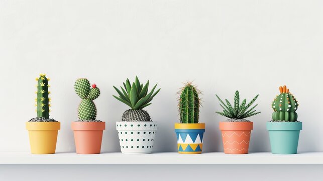 Collection of cactus plants in different colorful pots. Potted house plants on white shelf at home