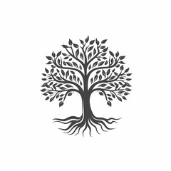 The image features a black tree with roots on a white background.