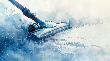 Watercolor illustration of a vacuum cleaner head gliding over a carpet. Vacuuming rug. Concept of home cleaning, cleanliness, purity, and daily chores. Aquarelle artwork. Copy space. Banner