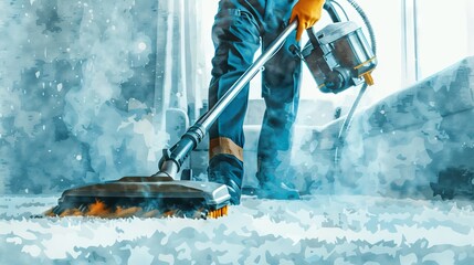 Watercolor image of a professional cleaning service worker cleaning the carpet with a compact vacuum. Household cleaning art. Concept of professional cleaning service, housekeeping, janitorial staff - obrazy, fototapety, plakaty