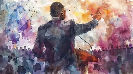 Watercolor illustration of African American Presidential candidate delivering speech to voters. Orator on stage. Black man. Concept of political campaign, election rally, diversity. Art