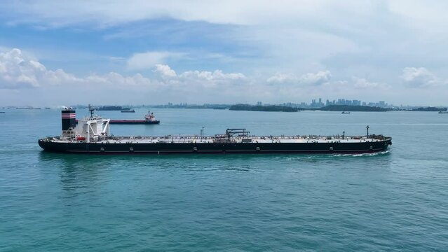 Aerial shot of chemical tanker sailing, Singapore Straits, Singapore