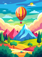 Fototapeta na wymiar A vibrant hot air balloon glides majestically through a picturesque landscape of rolling hills and clear skies.