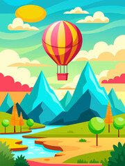 Fototapeta na wymiar Vector landscape background with a hot air balloon flying over a field of flowers and trees.