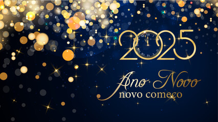 cartão ou banner para desejar um novo começo para o novo ano de 2025 em ouro sobre fundo azul com círculos dourados e glitter em efeito bokeh