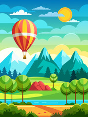 Fototapeta na wymiar Vector landscape background with a hot air balloon flying over a field of flowers and trees.