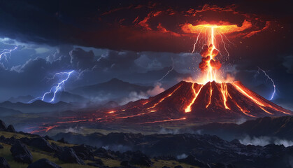 A dramatic scene of a massive volcano with a bright orange lava flow, surrounded by a dark and stormy sky. The sky is filled with lightning bolts, adding to the intensity of the scene. - obrazy, fototapety, plakaty