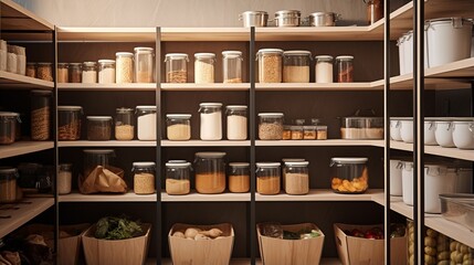 A well-organized pantry with diverse items neatly placed on wooden shelves within reach - obrazy, fototapety, plakaty