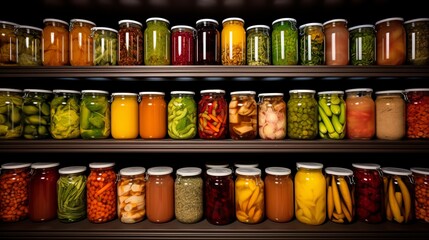 An array of different colored canned goods neatly organized on dark wooden shelves, creating a visually appealing pattern - obrazy, fototapety, plakaty