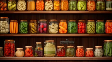 This image showcases a variety of canned vegetables and sauces in glass jars on wooden shelves