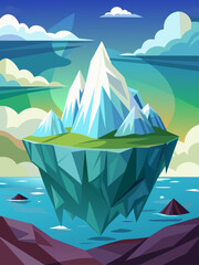 Iceberg vector landscape background with a majestic icy mountain in a serene blue sea. - obrazy, fototapety, plakaty