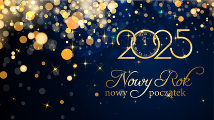 karta lub baner z życzeniami nowego początku nowego roku 2025 w złocie na niebieskim tle ze złotymi kółkami i brokatem w efekcie bokeh - obrazy, fototapety, plakaty
