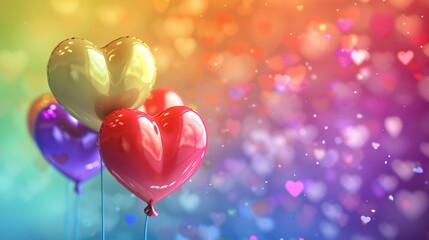 Colorful Heart Shaped Balloons Floating on Rainbow Background with Gradient Effect