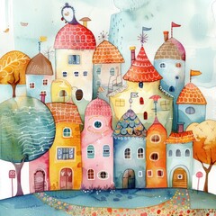 A whimsical watercolor painting of a row of colorful houses and trees.