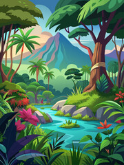 Fototapeta na wymiar Vibrant and lush, this jungle vector landscape background depicts a dense tropical rainforest with lush green foliage, exotic flowers, and vibrant wildlife.