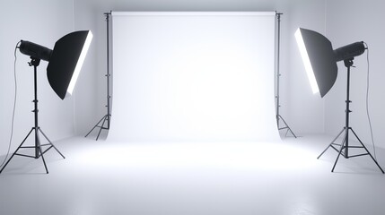 A professional photography studio with a white backdrop and two large studio lights pointing towards the center - Powered by Adobe