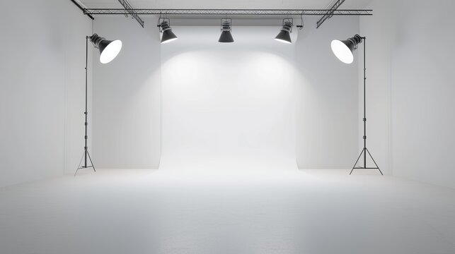 A clean, white, seamless photo studio setup with professional lights and a backdrop ready for a photoshoot