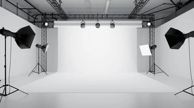 A spacious and modern photo studio equipped with various professional lighting fixtures and a large backdrop